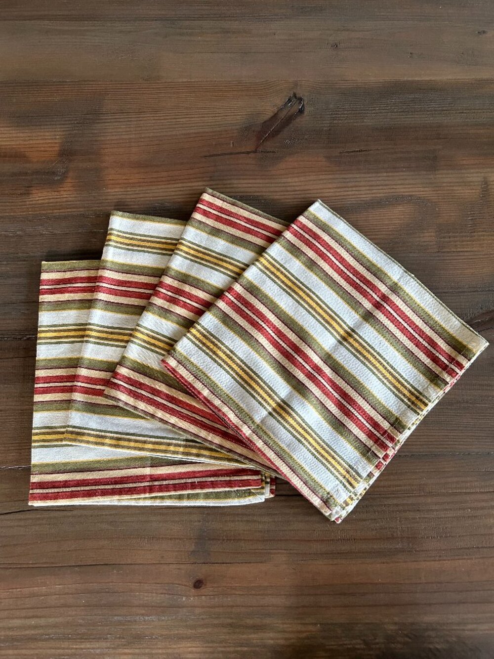 4 Pottery Barn Yellow Green Red Stripe Cotton Fabric Dinner Napkins 20" x 20"